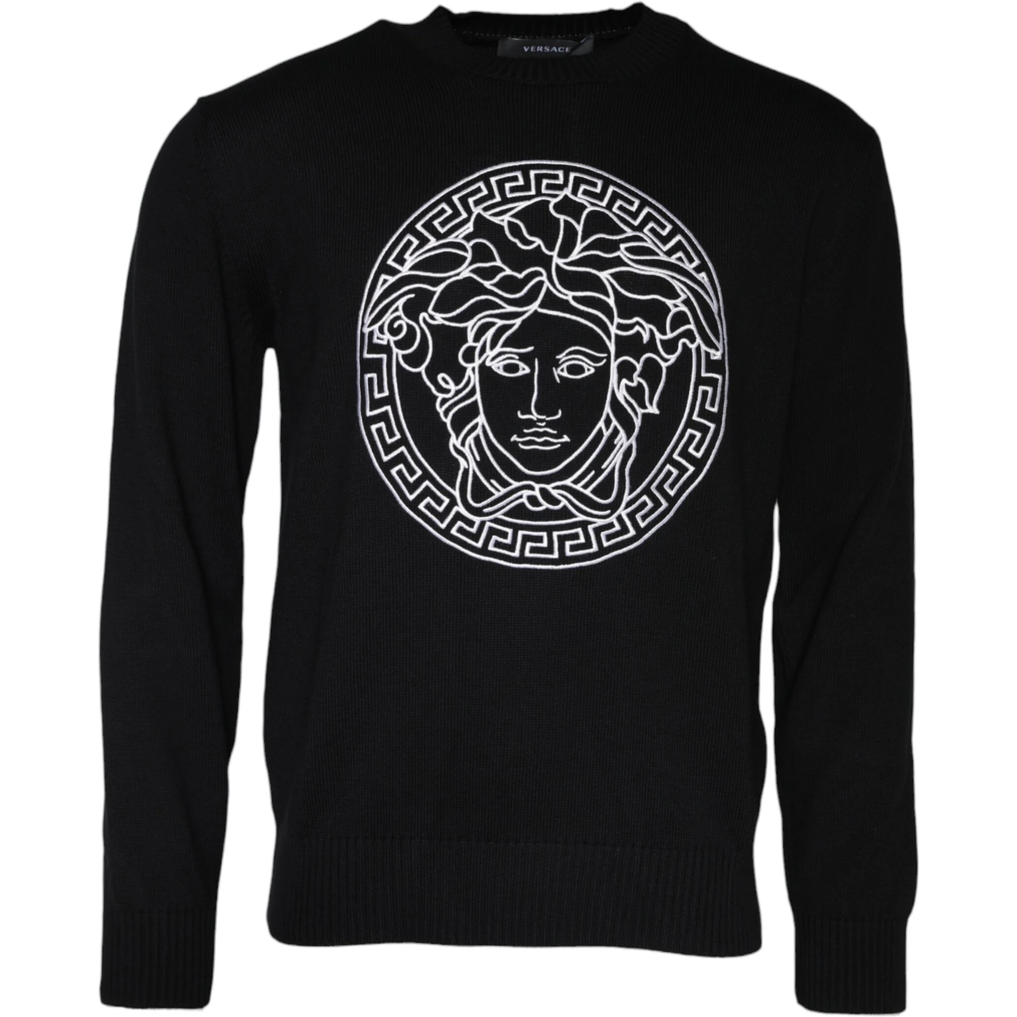 Black Medusa Embroidery Crew Neck Pullover Sweater