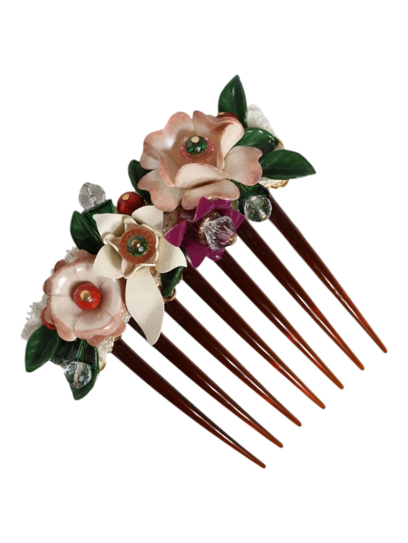 Brown Plastic Crystal Floral Women Hair Comb