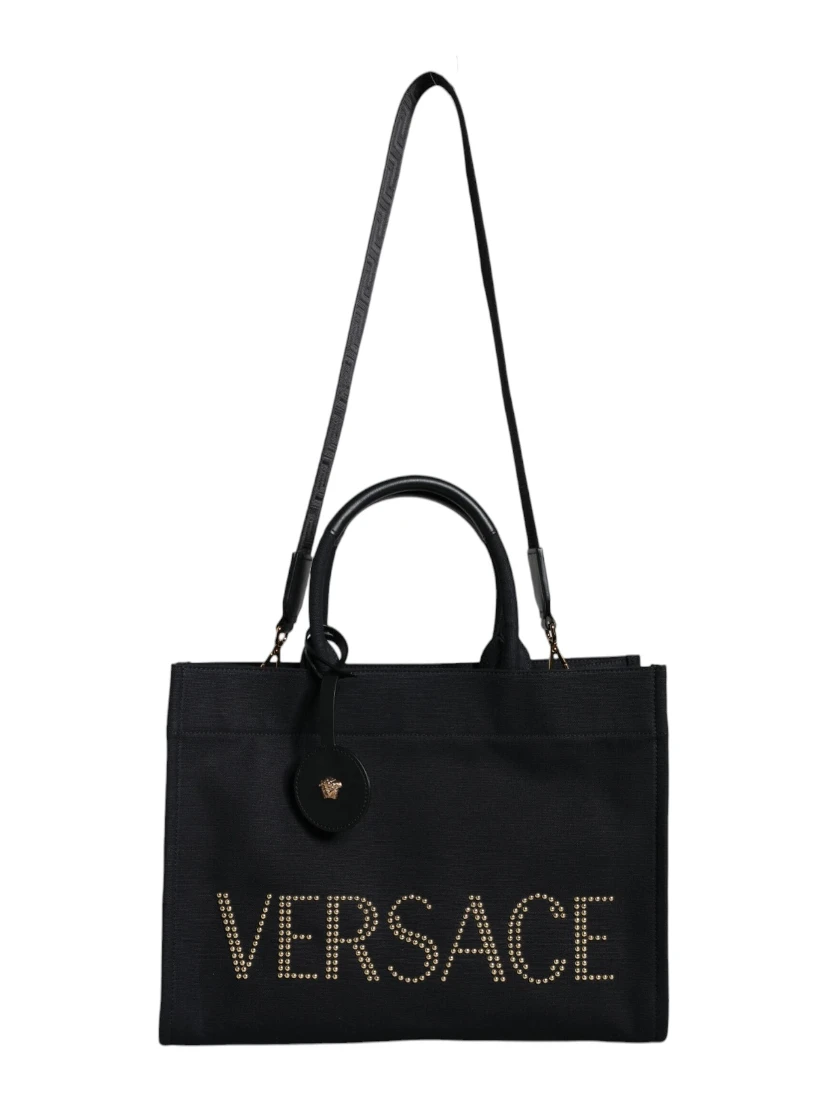 Black Top Handle Canvas Leather Logo Crossbody Tote Bag
