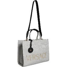White Top Handle Canvas Leather Logo Crossbody Tote Bag