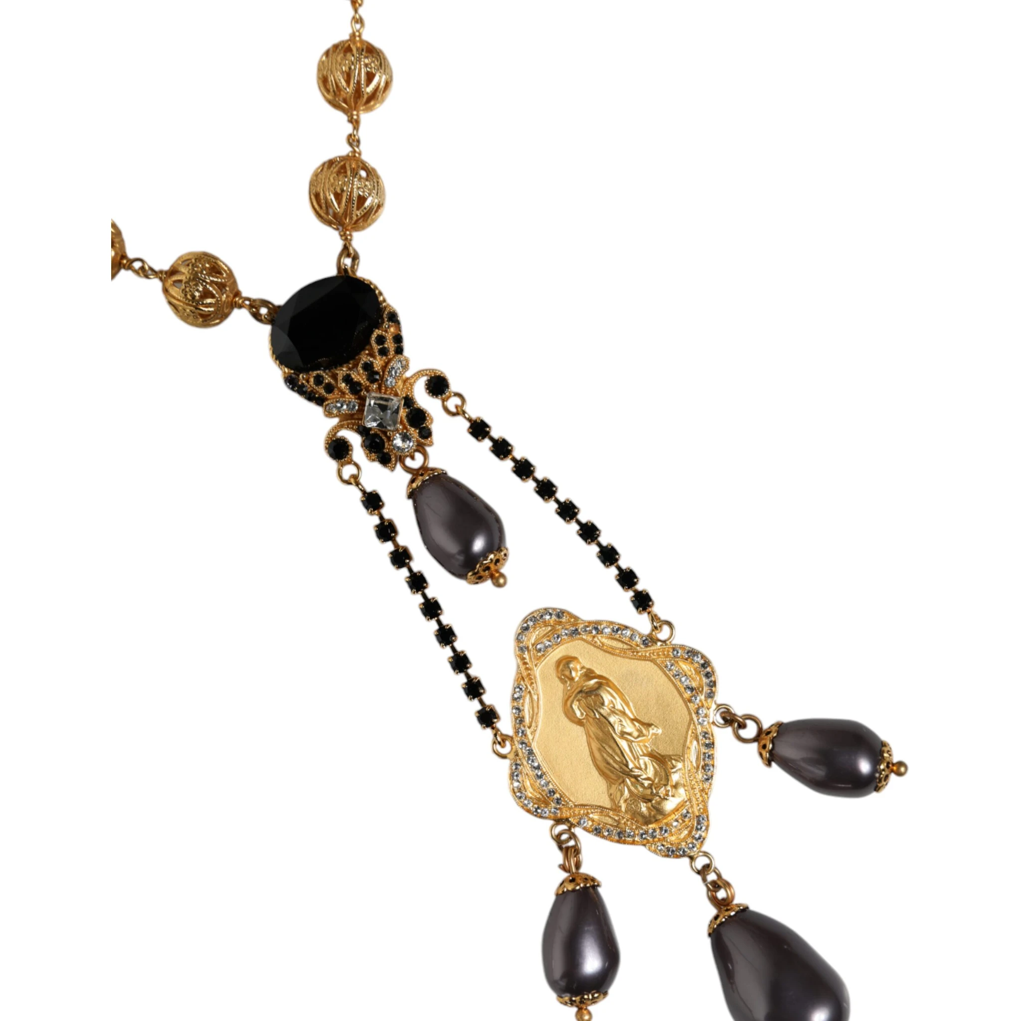 Gold Chain Brass Black Beaded Rosary Style Necklace