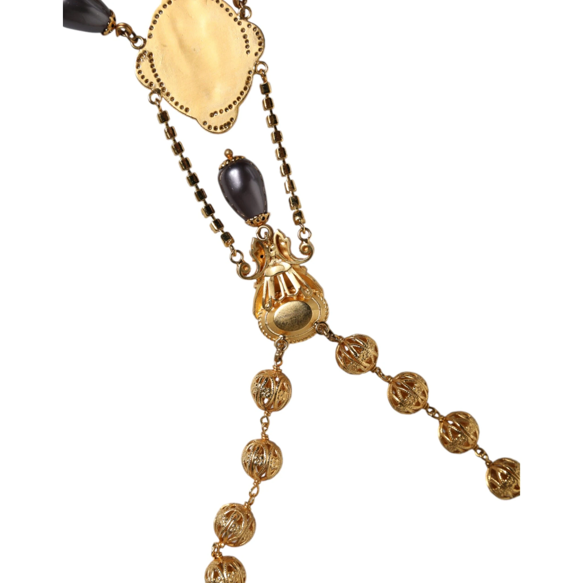 Gold Chain Brass Black Beaded Rosary Style Necklace