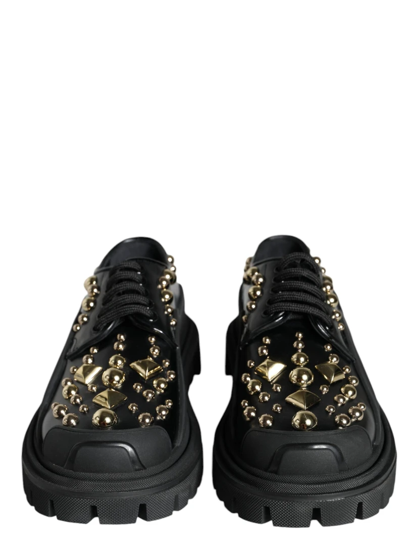 Black Leather Trekking Derby Embellished Shoes