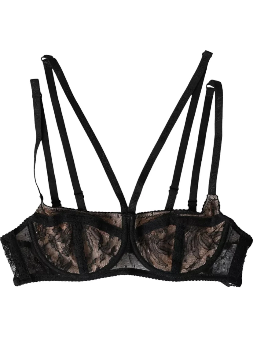 Black Floral Lace Nylon Balconcino Bra Underwear