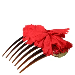 Red Silk Floral Gold Brass Women Hair Comb