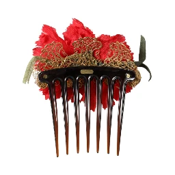 Red Silk Floral Gold Brass Women Hair Comb