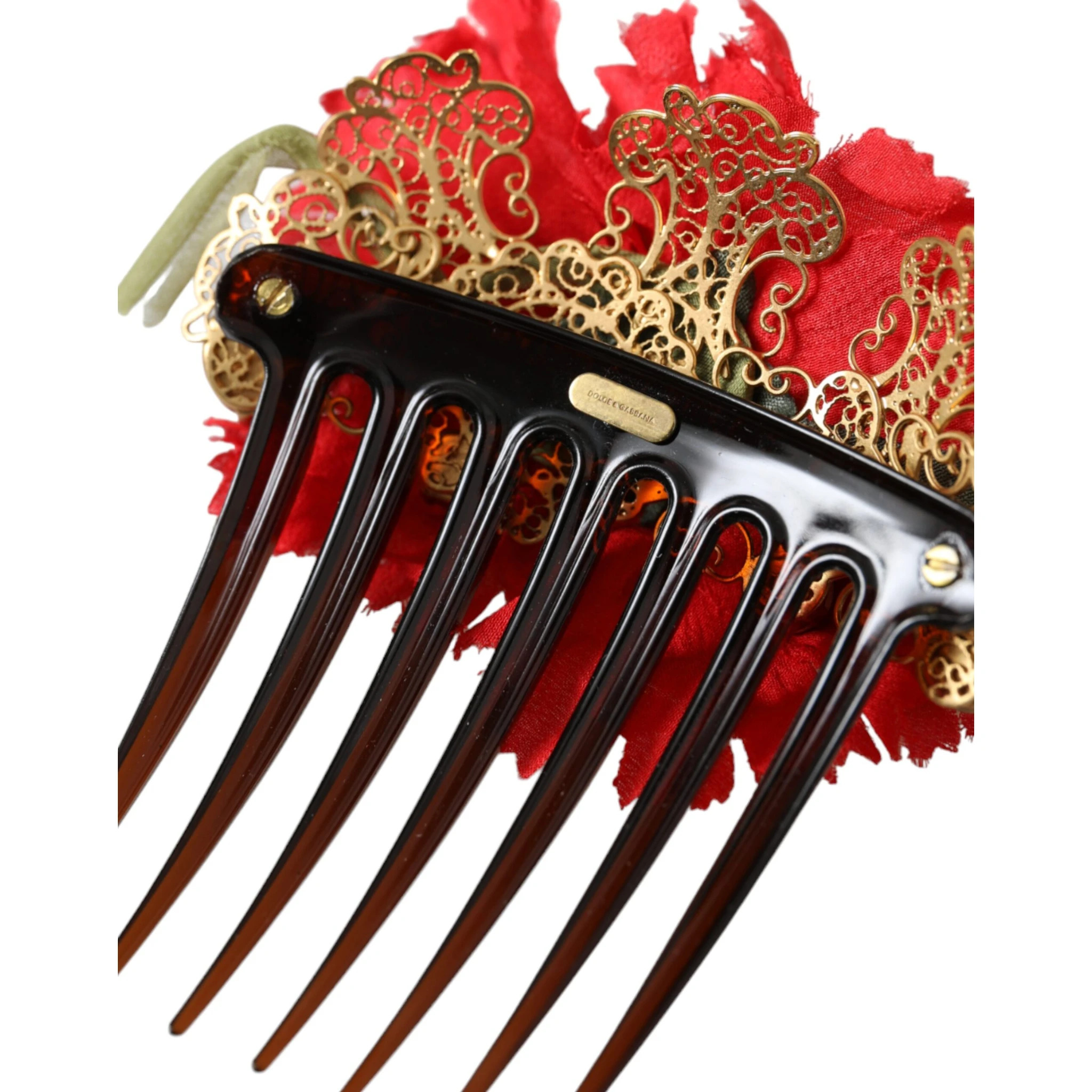 Red Silk Floral Gold Brass Women Hair Comb