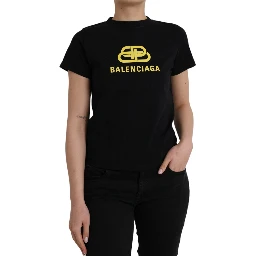 Black Cotton Logo Print Crew Neck Short Sleeves T-shirt