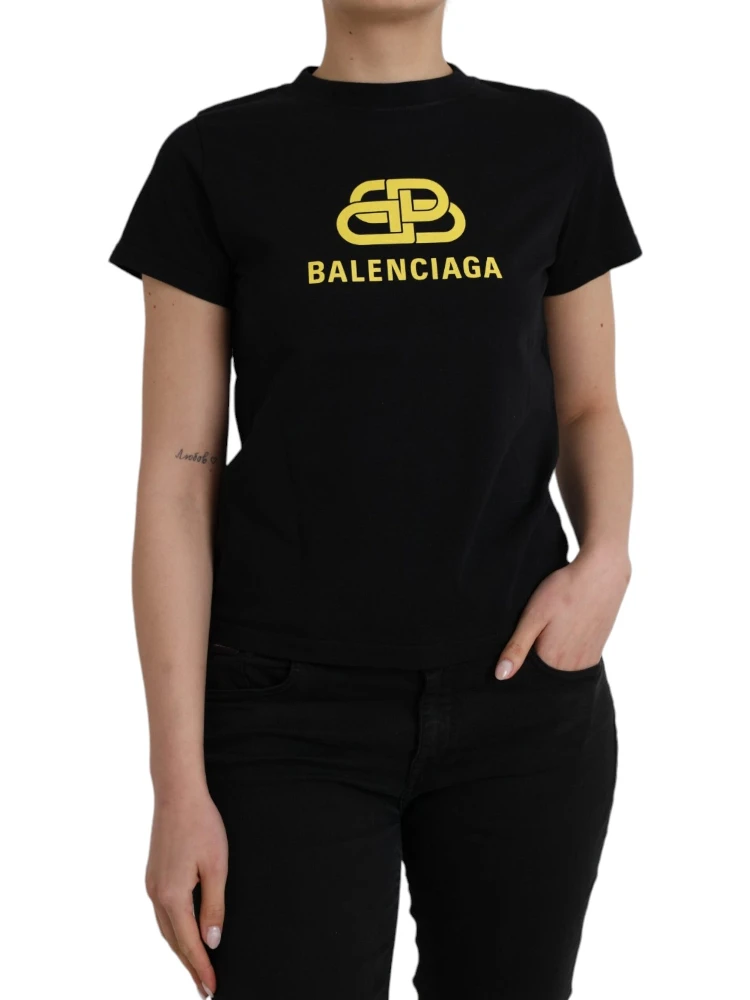 Black Cotton Logo Print Crew Neck Short Sleeves T-shirt