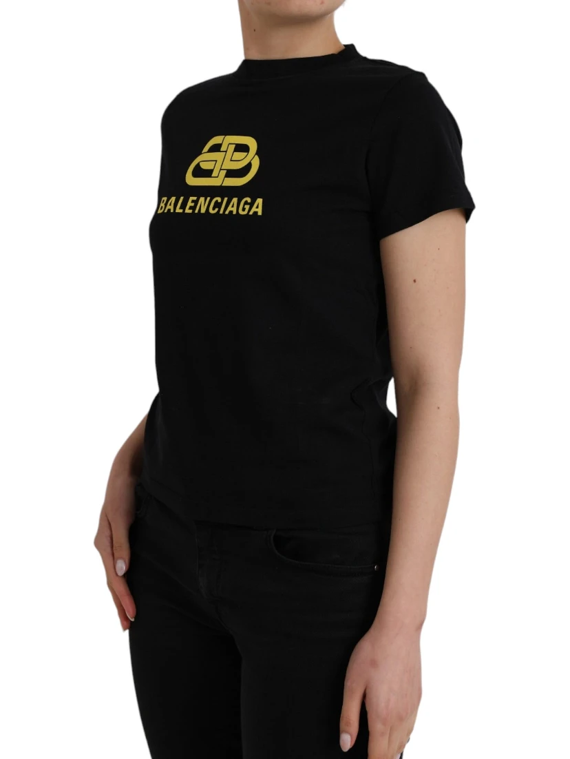 Black Cotton Logo Print Crew Neck Short Sleeves T-shirt