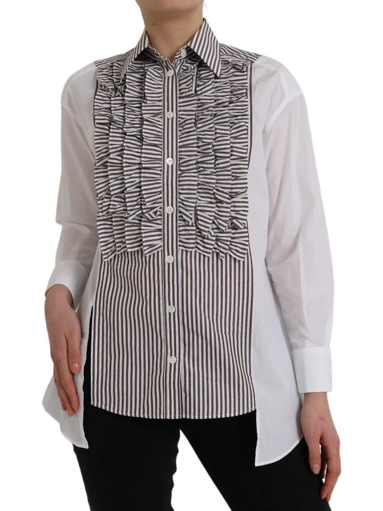 White Stripes Cotton Long Sleeves Ruffle Collar Top alternative