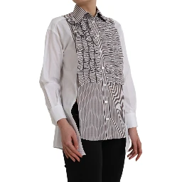 White Stripes Cotton Long Sleeves Ruffle Collar Top