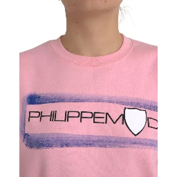 Pink Cotton Logo Print Long Sleeves Pullover Sweater