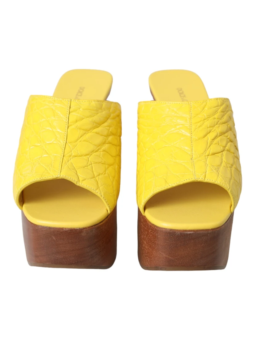 Yellow Leather Wood Mule Wedge Slides Shoes