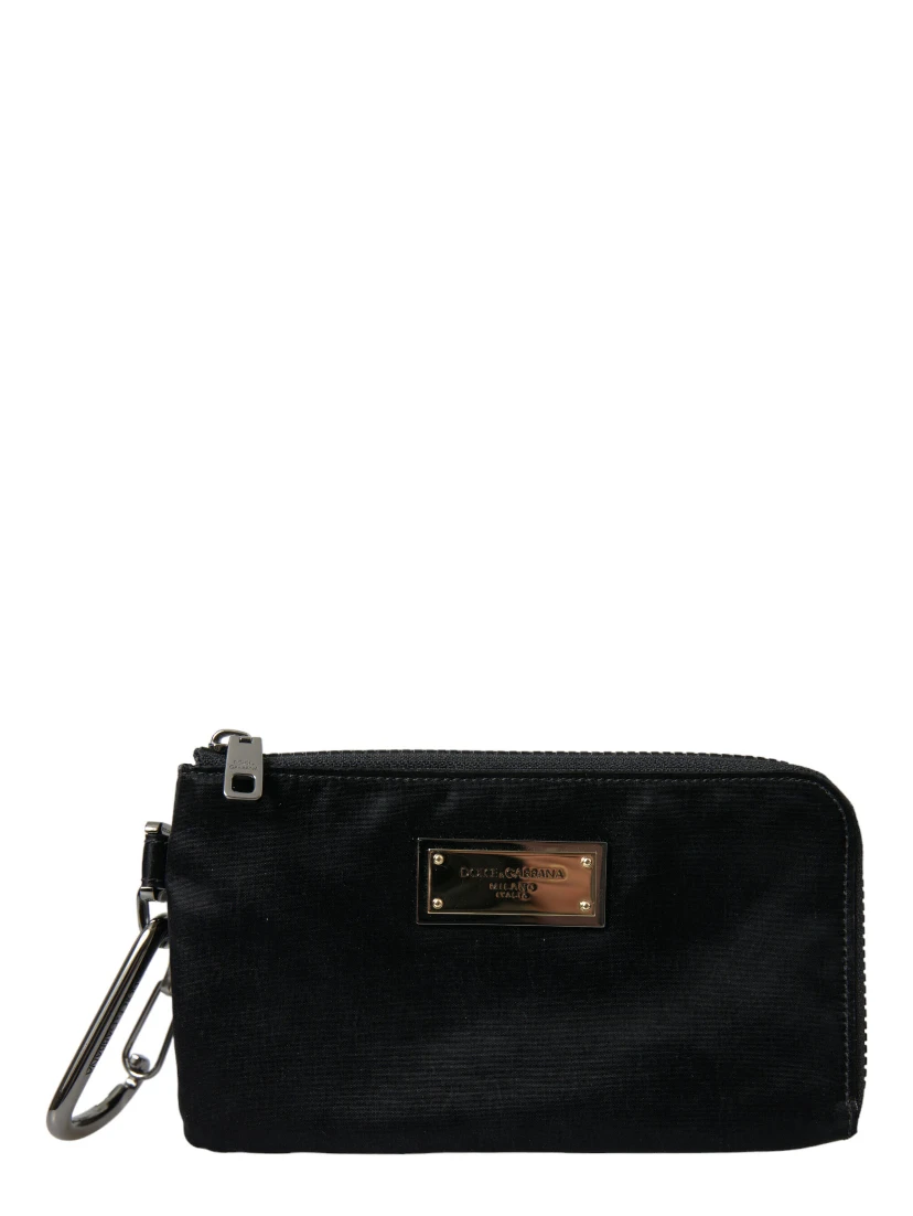 Black Nylon Logo Plaque Keyring Pouch Clutch Bags