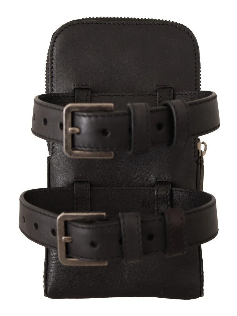 Black Leather Purse Double Belt Strap Multi Kit Wallet