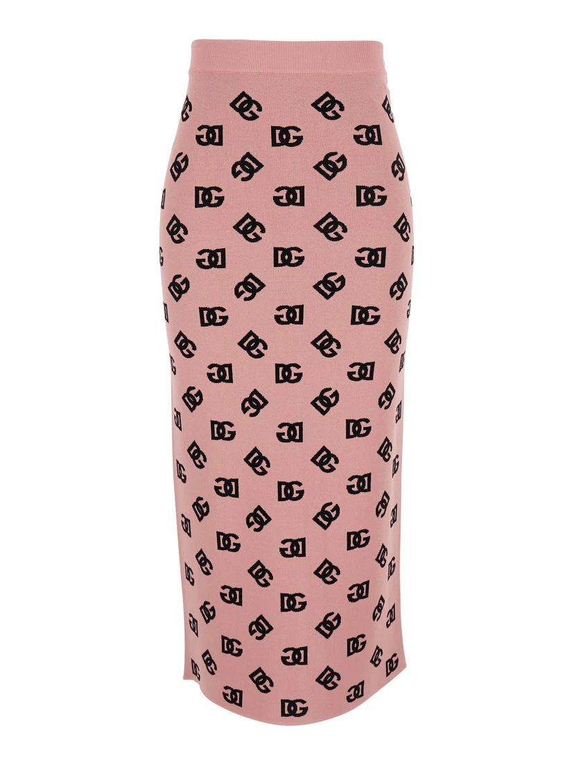 Pink Skirt with Pencil Design and All-Over Printed DG Logo in Viscose Blend Woman