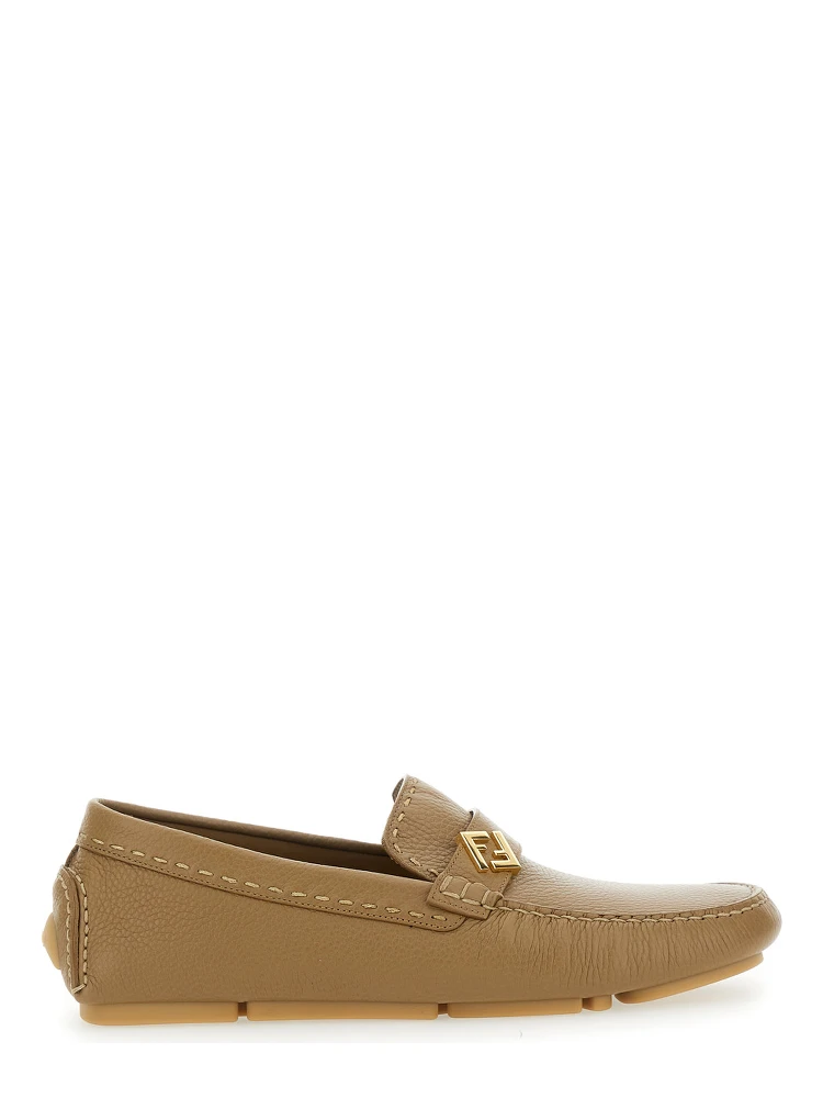 Driver Beige Loafers with Rubber Injected Sole and Metallic FF Plate in Hammered Leather Man