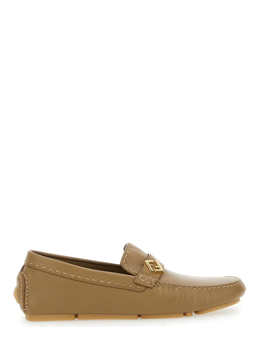 Driver Beige Loafers with Rubber Injected Sole and Metallic FF Plate in Hammered Leather Man