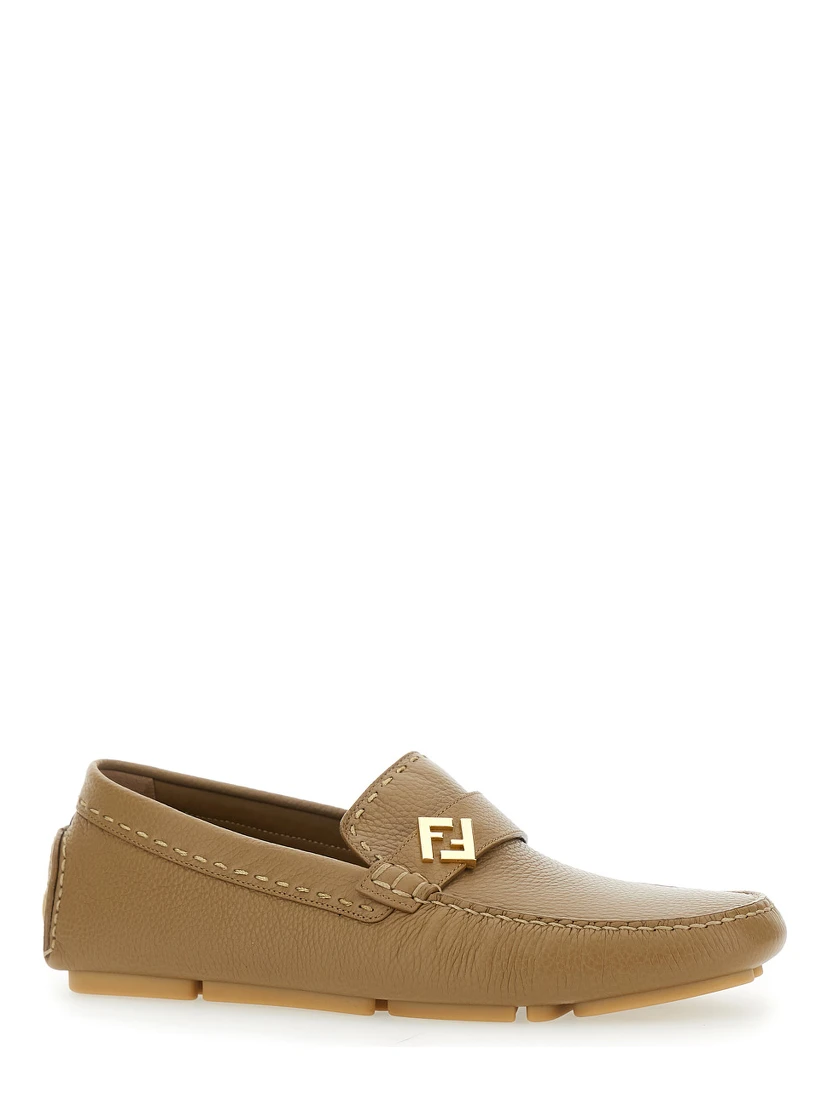 Driver Beige Loafers with Rubber Injected Sole and Metallic FF Plate in Hammered Leather Man