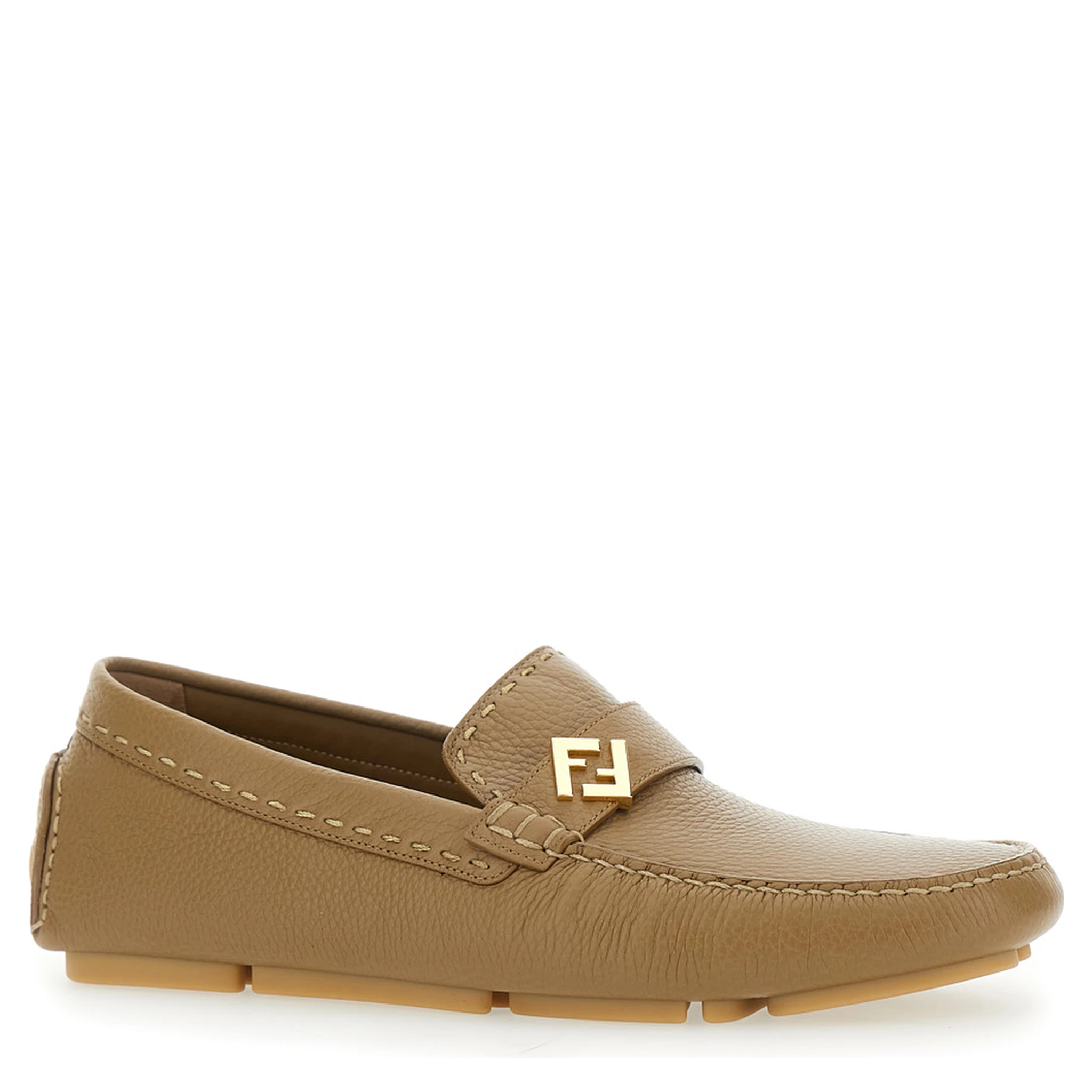 Driver Beige Loafers with Rubber Injected Sole and Metallic FF Plate in Hammered Leather Man