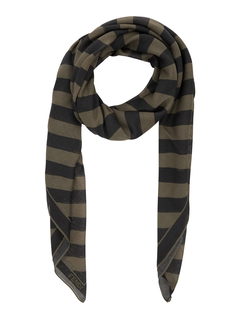 Beige Square Stole with All-Over Striped Motif and Logo Lettering on the Hem in Cotton and Silk Blend Man