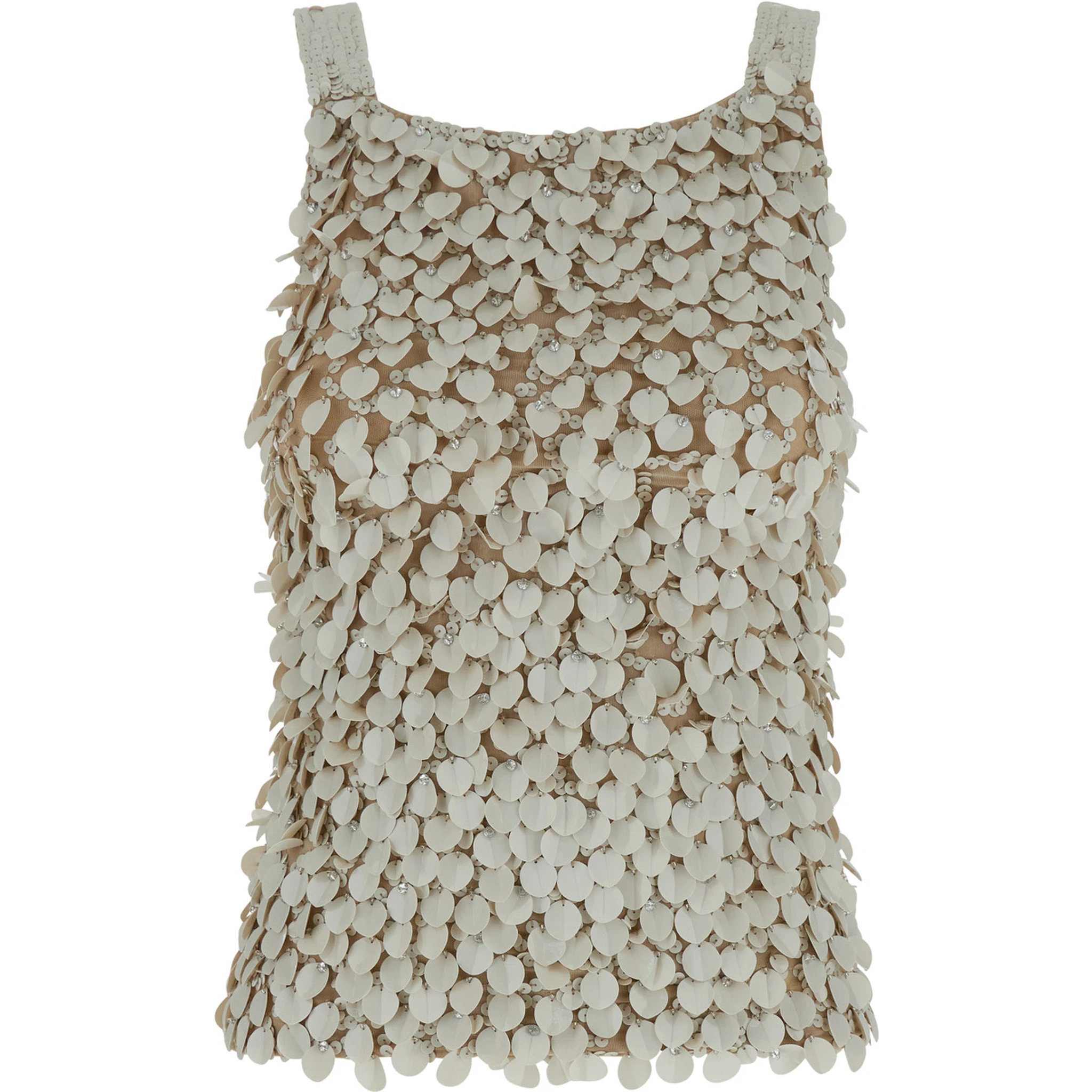 Beige Sleeveless Rhinestoned Top in Tech Fabric Stretch Woman