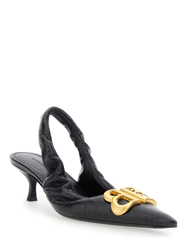 Monaco Black Slingback Pumps with Logo Plaque on the Front and Low Stiletto Heel in Leather Woman alternative