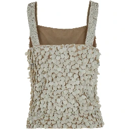 Beige Sleeveless Rhinestoned Top in Tech Fabric Stretch Woman