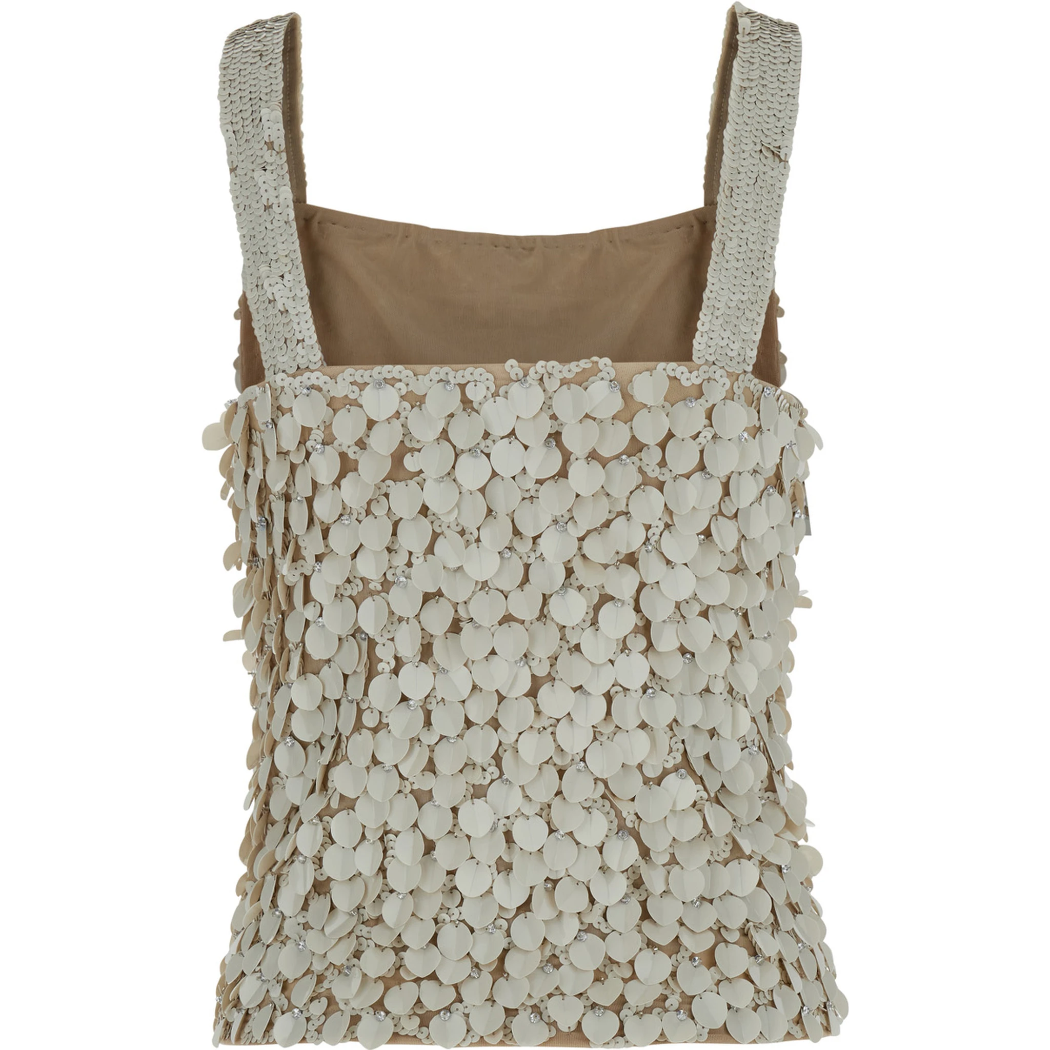 Beige Sleeveless Rhinestoned Top in Tech Fabric Stretch Woman