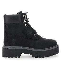 Black Water-Proof Boots with Logo Plate in Leather Woman