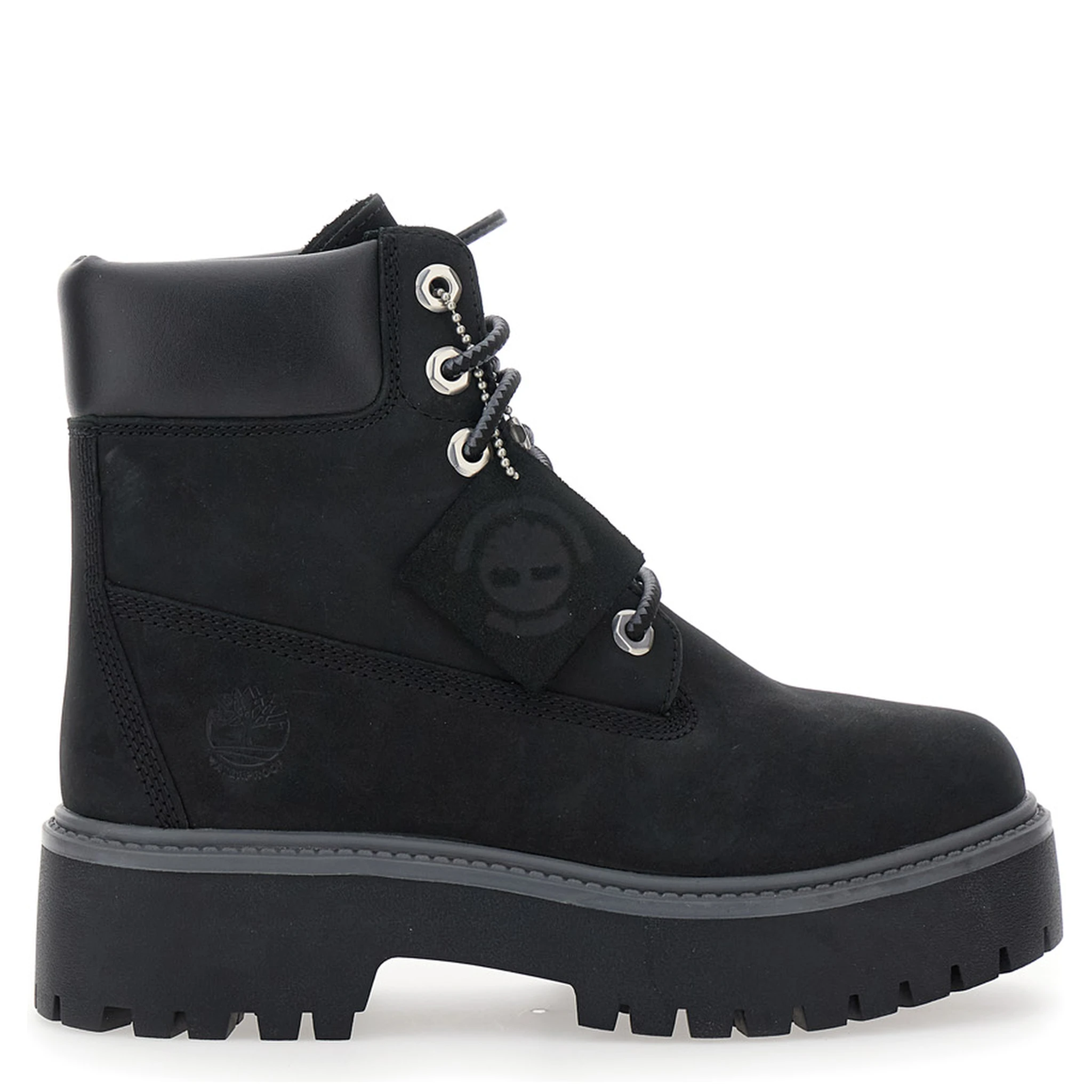Black Water-Proof Boots with Logo Plate in Leather Woman
