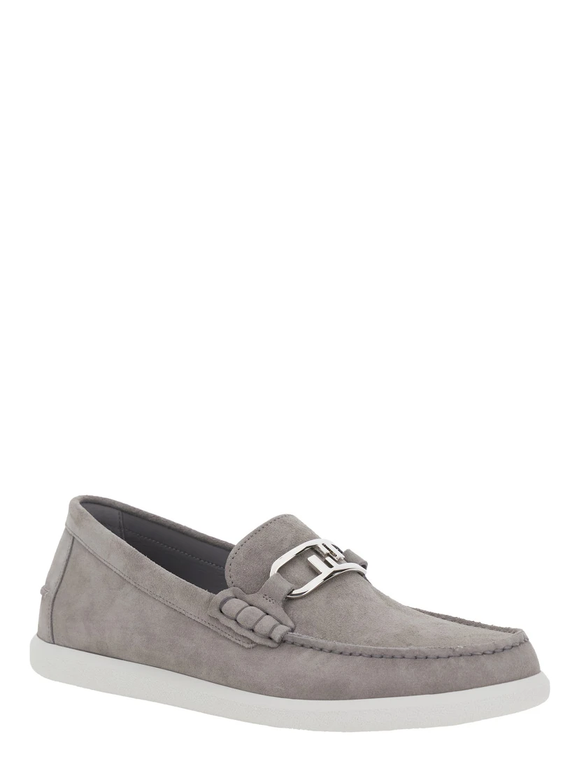Grey Loafers with FF Metal Buckle and Contrasting Sole in Suede Man