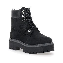 Black Water-Proof Boots with Logo Plate in Leather Woman