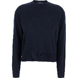 Eco Blue Crewneck Sweater with Contrasting Logo Patch on the Elbows in Wool Woman