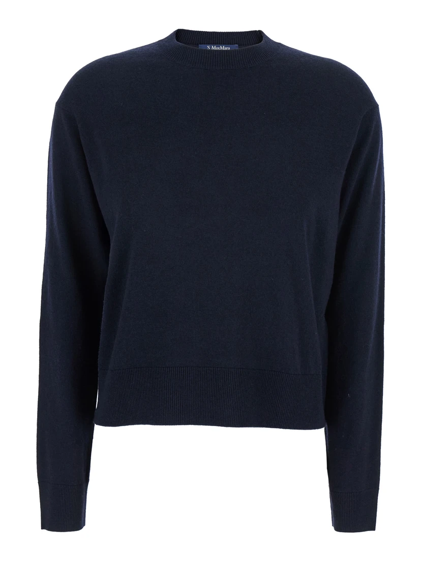 Eco Blue Crewneck Sweater with Contrasting Logo Patch on the Elbows in Wool Woman
