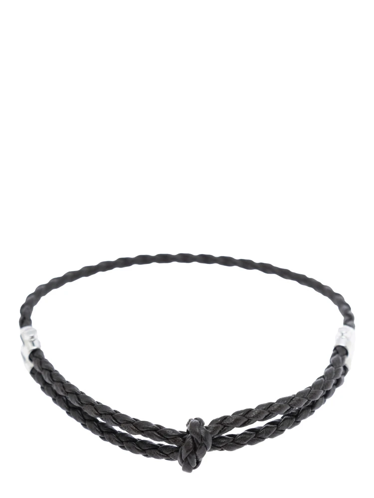 Metallic Bracelet with Intrecciato Design and Sliding Closure in Leather and Silver Man alternative