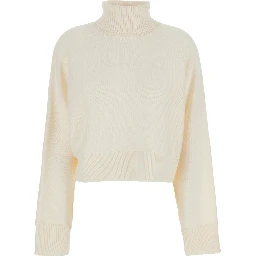 White Turtleneck Cropped Sweater with Logo Plaque on the Rear in Wool Woman