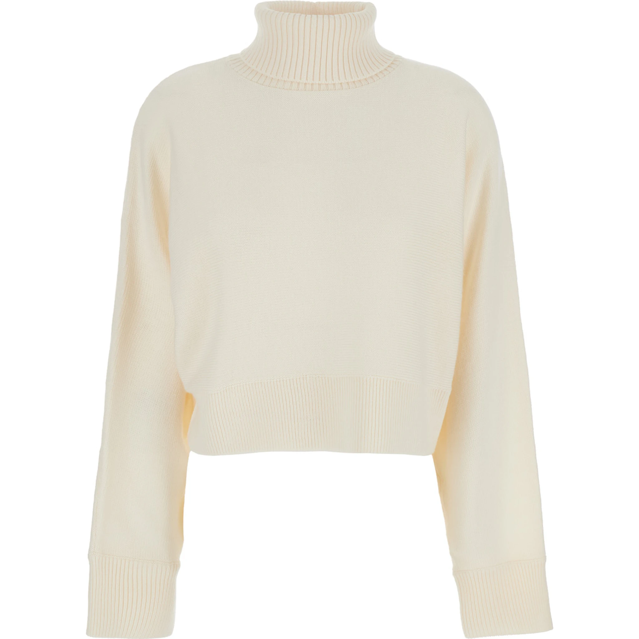 White Turtleneck Cropped Sweater with Logo Plaque on the Rear in Wool Woman