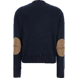 Eco Blue Crewneck Sweater with Contrasting Logo Patch on the Elbows in Wool Woman
