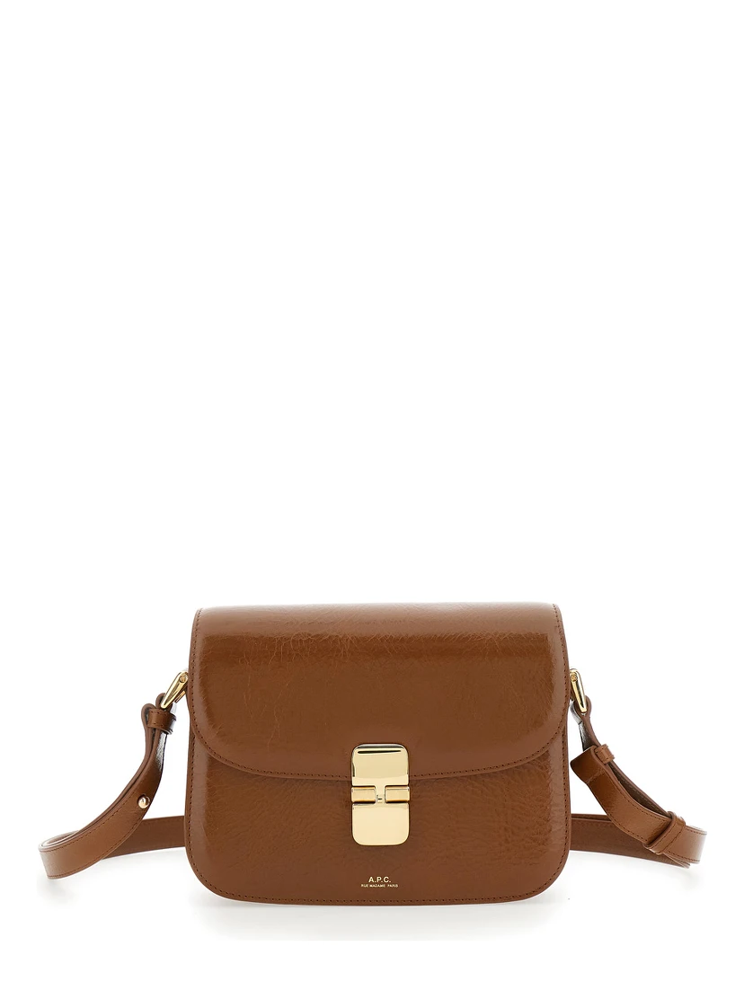 Grance Brown Small Crossbody Bag wirh Embossed Logo Lettering on the Front and Adjustable Shoulder Strap in Hammered Leather Woman
