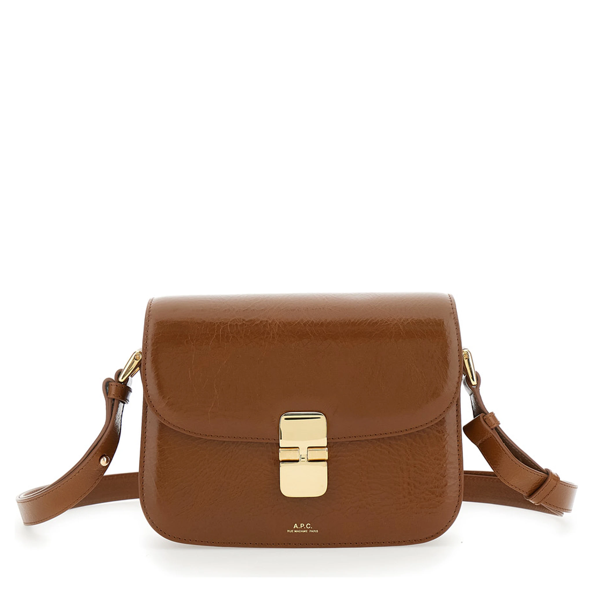 Grance Brown Small Crossbody Bag wirh Embossed Logo Lettering on the Front and Adjustable Shoulder Strap in Hammered Leather Woman
