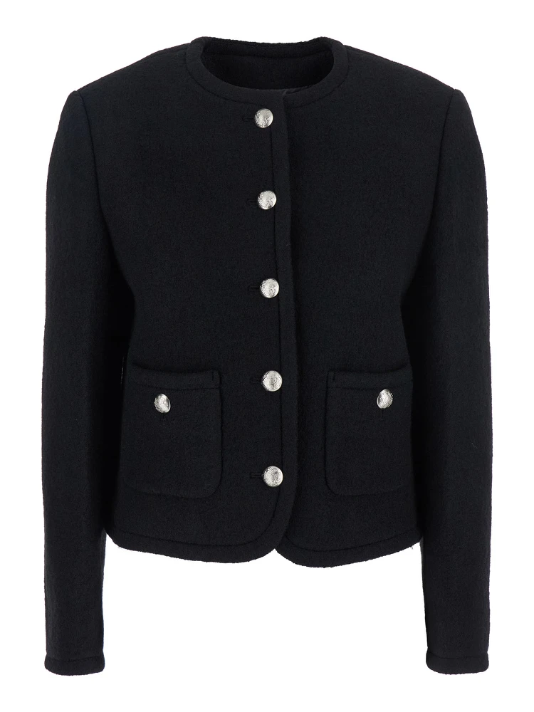 Black Jacket with Button Closure and Front Pockets in Tweed Woman