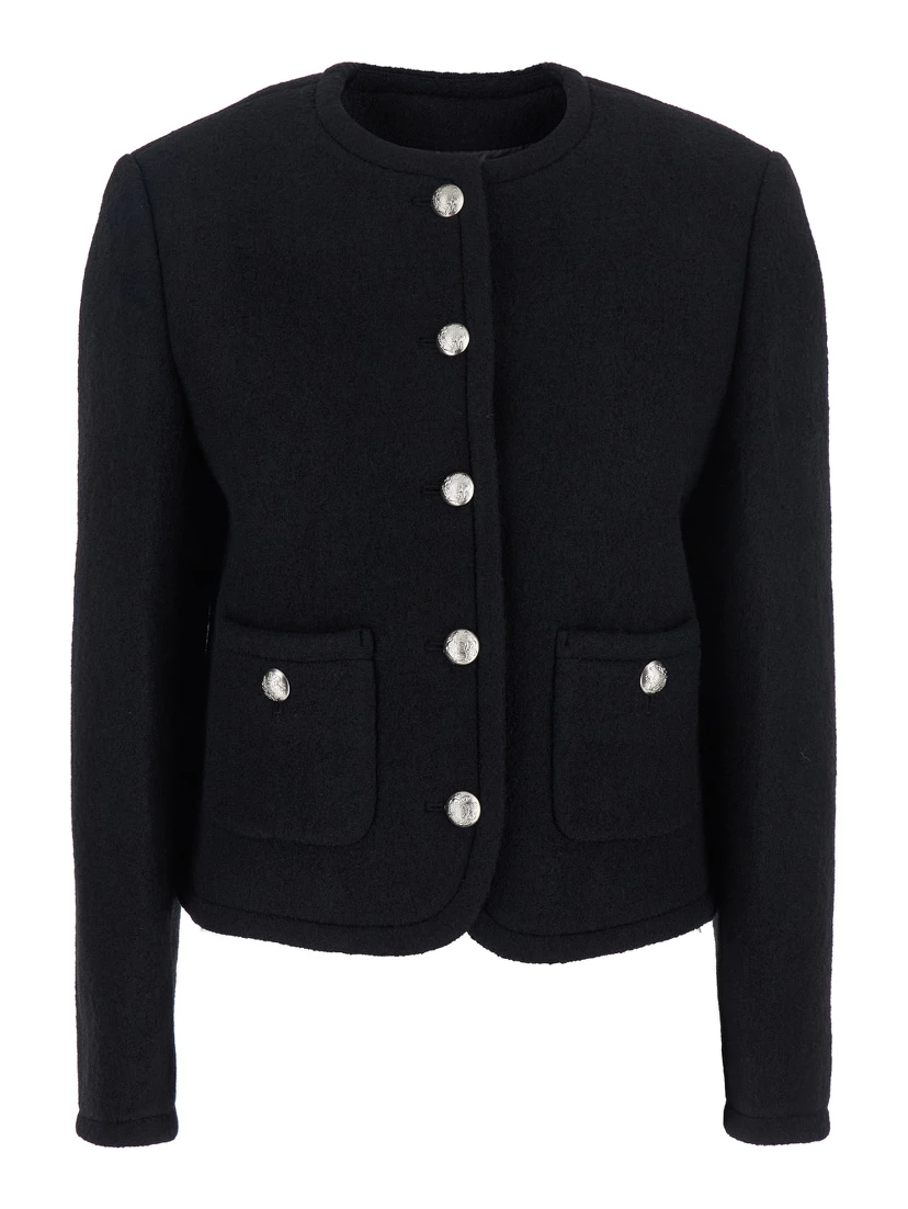 Black Jacket with Button Closure and Front Pockets in Tweed Woman