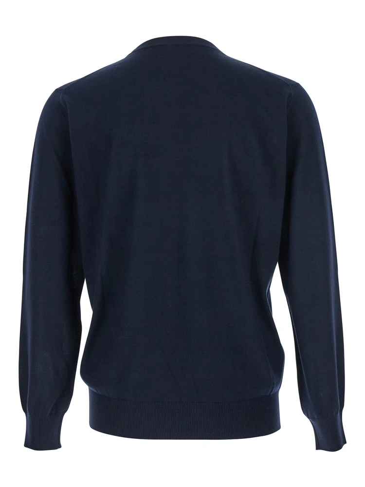 Blue Crewneck Sweater with Ribbed Trims in Wool Man