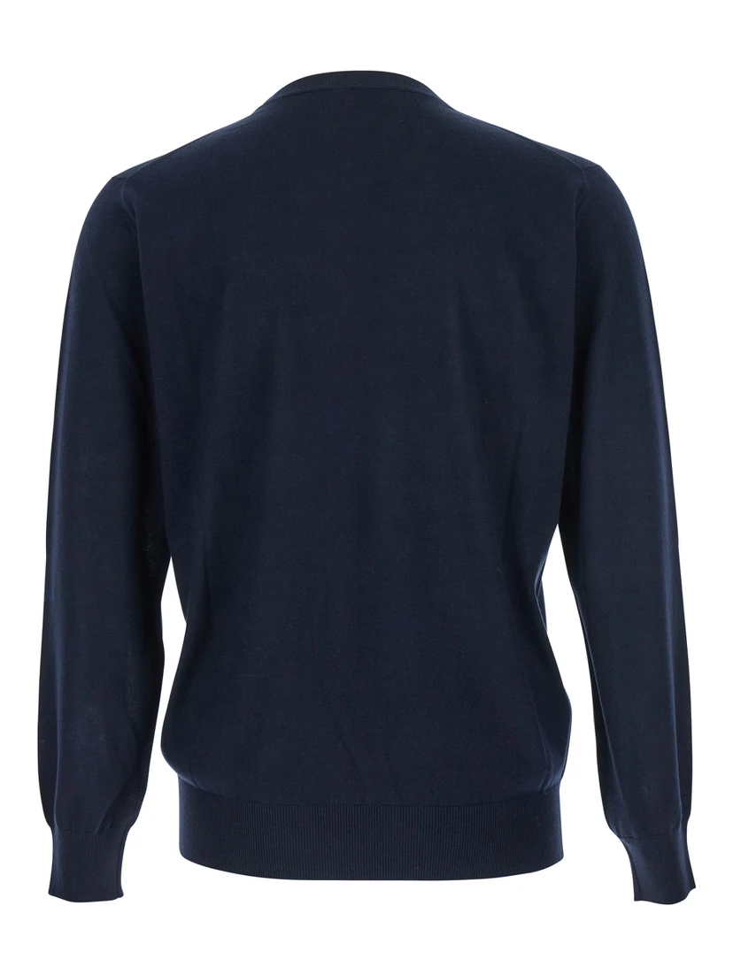 Blue Crewneck Sweater with Ribbed Trims in Wool Man