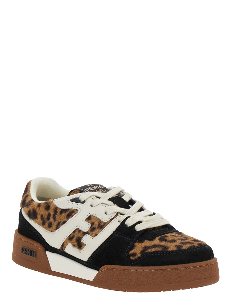 Fendi Match Brown Low Top Sneakers with FF Application and Leopard Motif in Mixed Leather Woman alternative