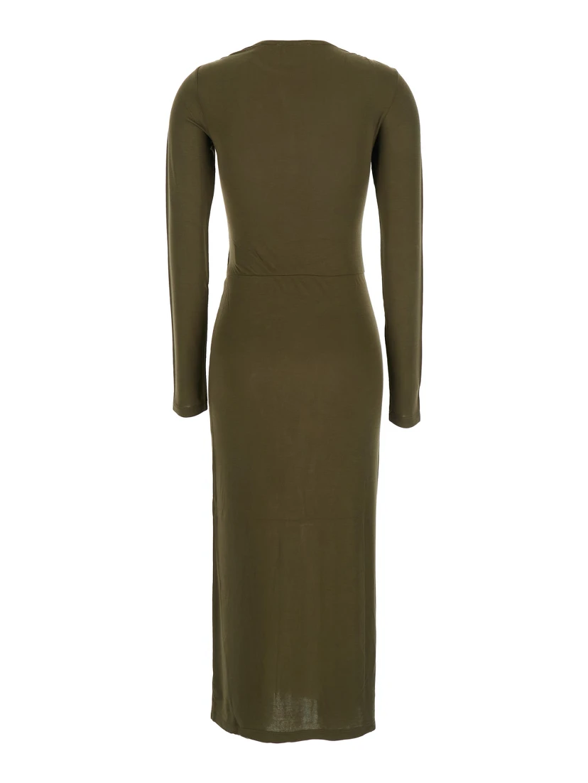Jelina Green Midi Dress with Round Neck and Ruched Details in Modal Stretch Woman