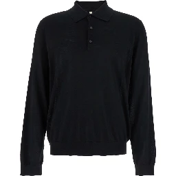 Black Polo Shirt with Classic Collar and Ribbed Trims in Wool Man