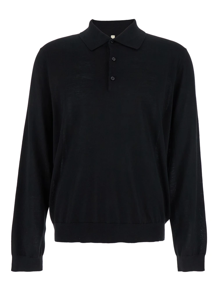 Black Polo Shirt with Classic Collar and Ribbed Trims in Wool Man